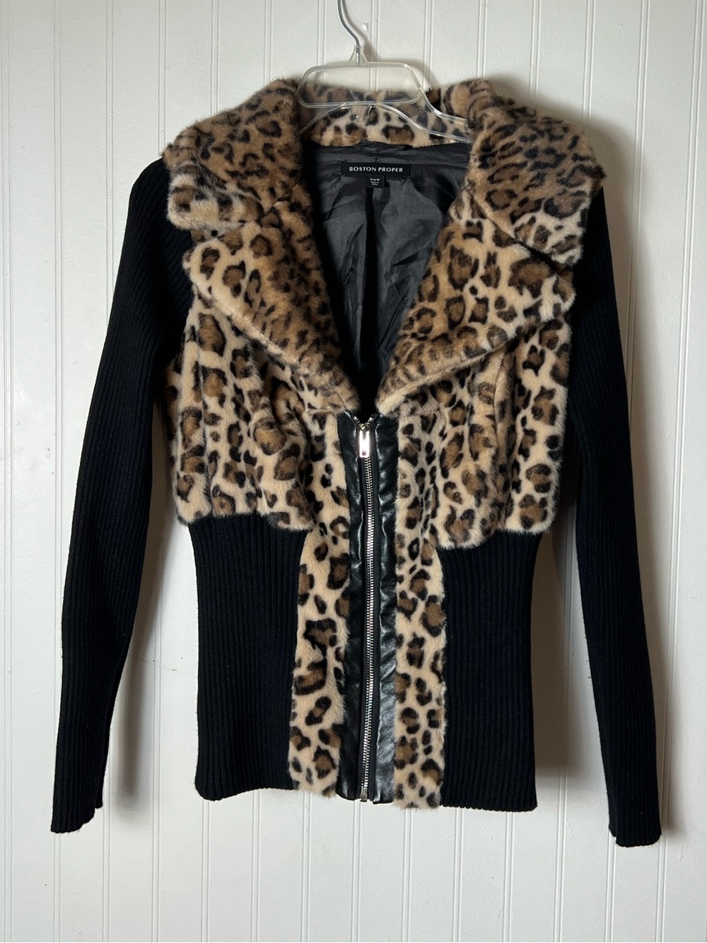 Boston Proper Leopard Faux Fur Zip Up Cardigan - Picture 2 of 7